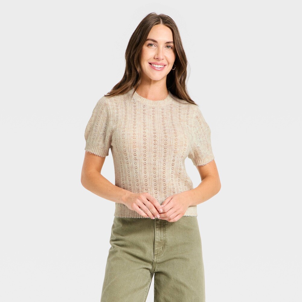 Universal Thread Women's Short Sleeve Pointelle Crewneck Pullover Sweater Cream